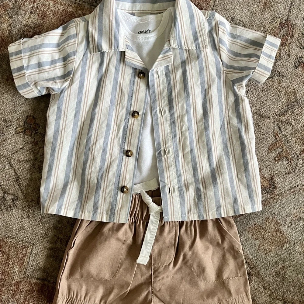 Carter's Striped Blue and White Shirt and Tan Shorts Set - Picture 1 of 3